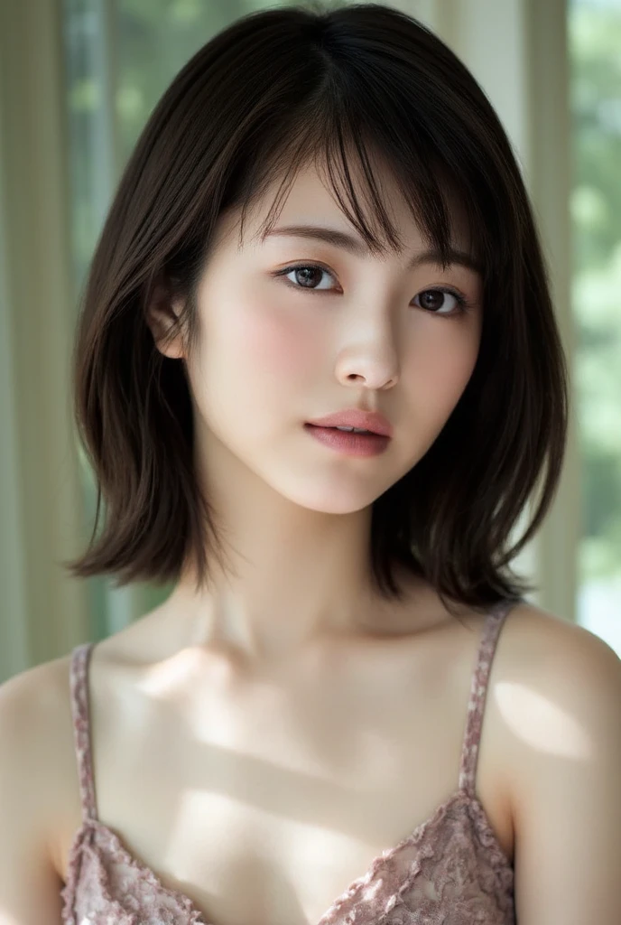 Highest quality, Face Focus, Soft Light, Ultra-high resolution, (Realistic:1.4), RAW Photos, 1 Japanese woman, alone, cute, (A shy smile:0.5), (Brown eyes, Light in your eyes), Beautiful face in every detail, (Small box),(High resolution detail of human skin texture), (Short Bob Hair), She is wearing a dress with an open chest.、Her breasts are exposed、I feel a little embarrassed
