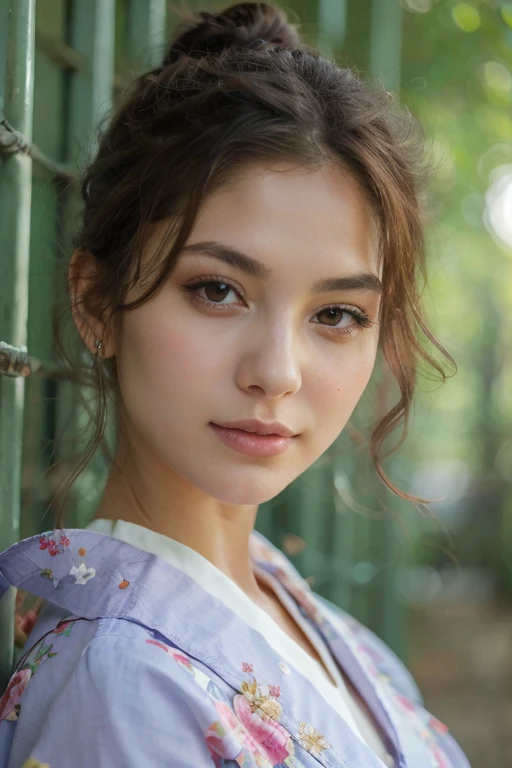 (best quality,4k,highres,masterpiece:1.2),ultra-detailed,realistic:1.37,a young woman with long wavy hair,beautiful detailed eyes,beautiful detailed lips,extremely detailed eyes and face,long eyelashes,[Japanese],[American],seen from the front headshot,zoom in on the head,blonde hair, porcelain skin,fair complexion,slight smile,vibrant blue eyes,natural and effortless makeup,nose ring,delicate facial features,elegant posture,soft and flowing locks of hair,colorful cherry blossom hairpin;kimono-inspired outfit with modern twist,geometric patterns and vibrant colors,fine floral embroidery,her kimono draping gracefully,accessorized with delicate string of pearls around her neck;lush garden in the background,Japanese maple trees with vibrant autumn leaves,stunning reflection of the woman in a tranquil koi pond,soft natural lighting casting a gentle glow on her face and surroundings,subtle wind blowing her hair and the cherry blossoms,creating a sense of grace and serenity.