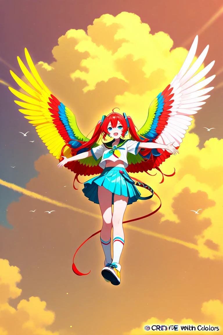 digital 2D art, a beautiful technicolor anime magical girl, flying through the sky, sunset backdrop, clouds, a pair of fiery blue wings