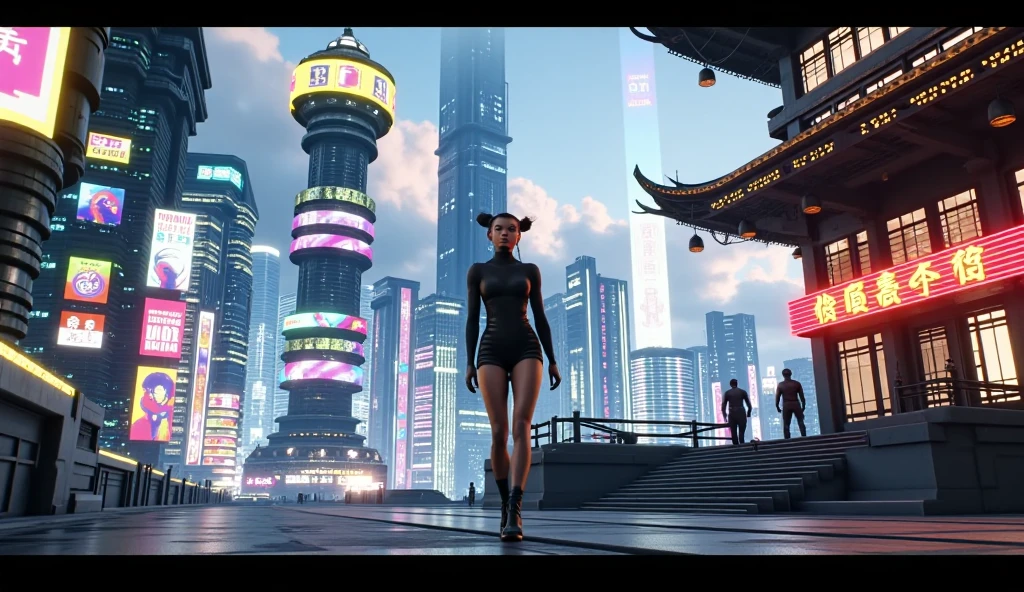 (Low angle view). A futuristic sci-fi all-glass Tokyo city, tall neon buildings, transparent elevator, 1 drone. High-resolution OLED GUI interfaces in the building, The windows are filled with transparent data visualization infographics that show it all, from weather patterns to traffic flow, Matrix cascading code. Colors are saturated and vibrant. At night, (1girl, solo), photo realistic, medium-breast:1.3 slim body, cleavage, sexy costume, miniskirt, (matrix style black sunglasses, holding a short gun), half-body thigh level medium shot, cinematic lighting, ray tracing.