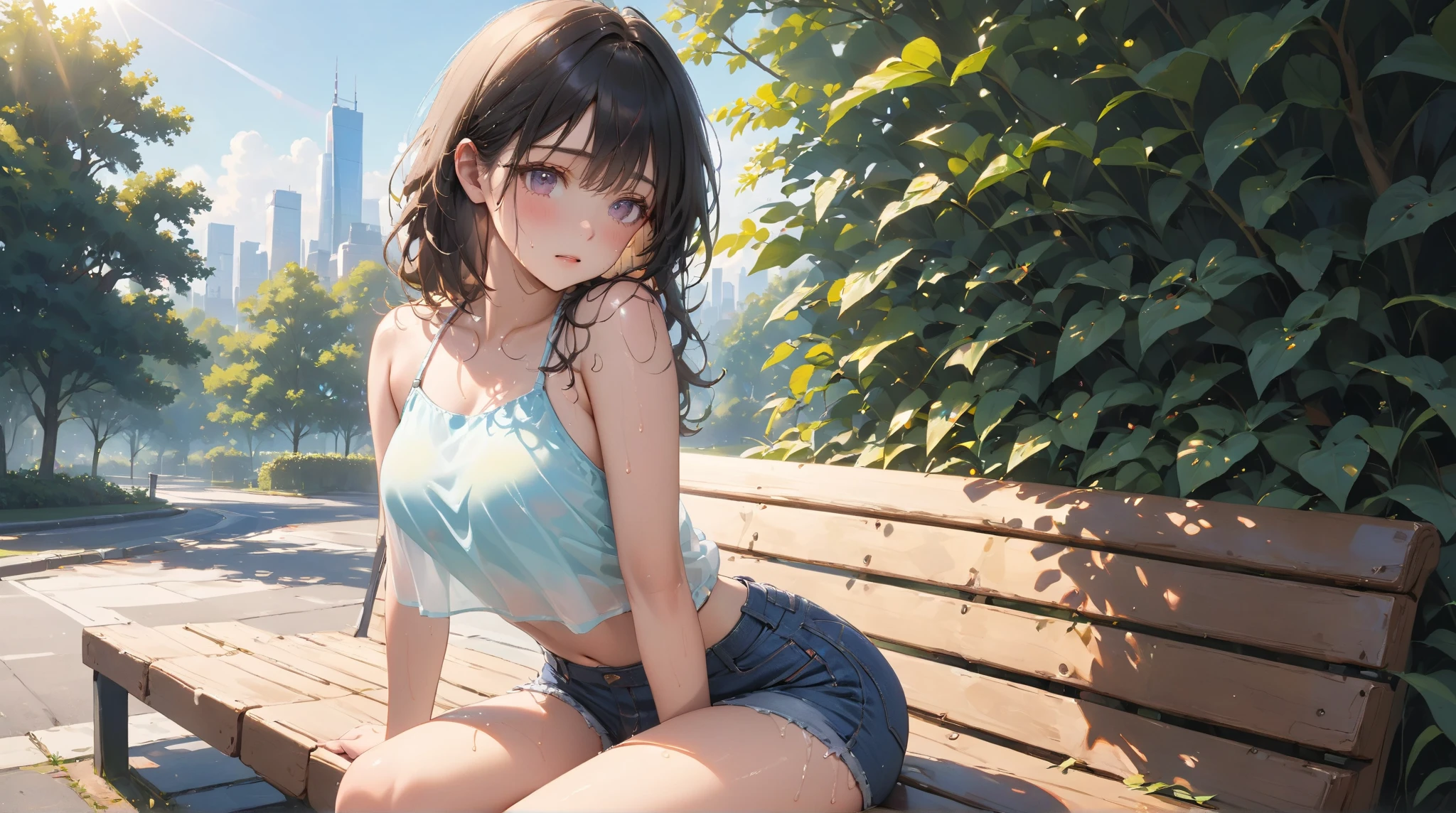 (1girl, Beautiful eyes with fine symmetry, detailed face texture, beautiful detail eyes), black tanktop, shorts, casual style, many ruffle, little skin exposure, floating gardens on a lake connected by bridges, creation of fantasy, proportional figure, pose, (Highly detailed), (high resolution), (Best quality), (masterpiece)
