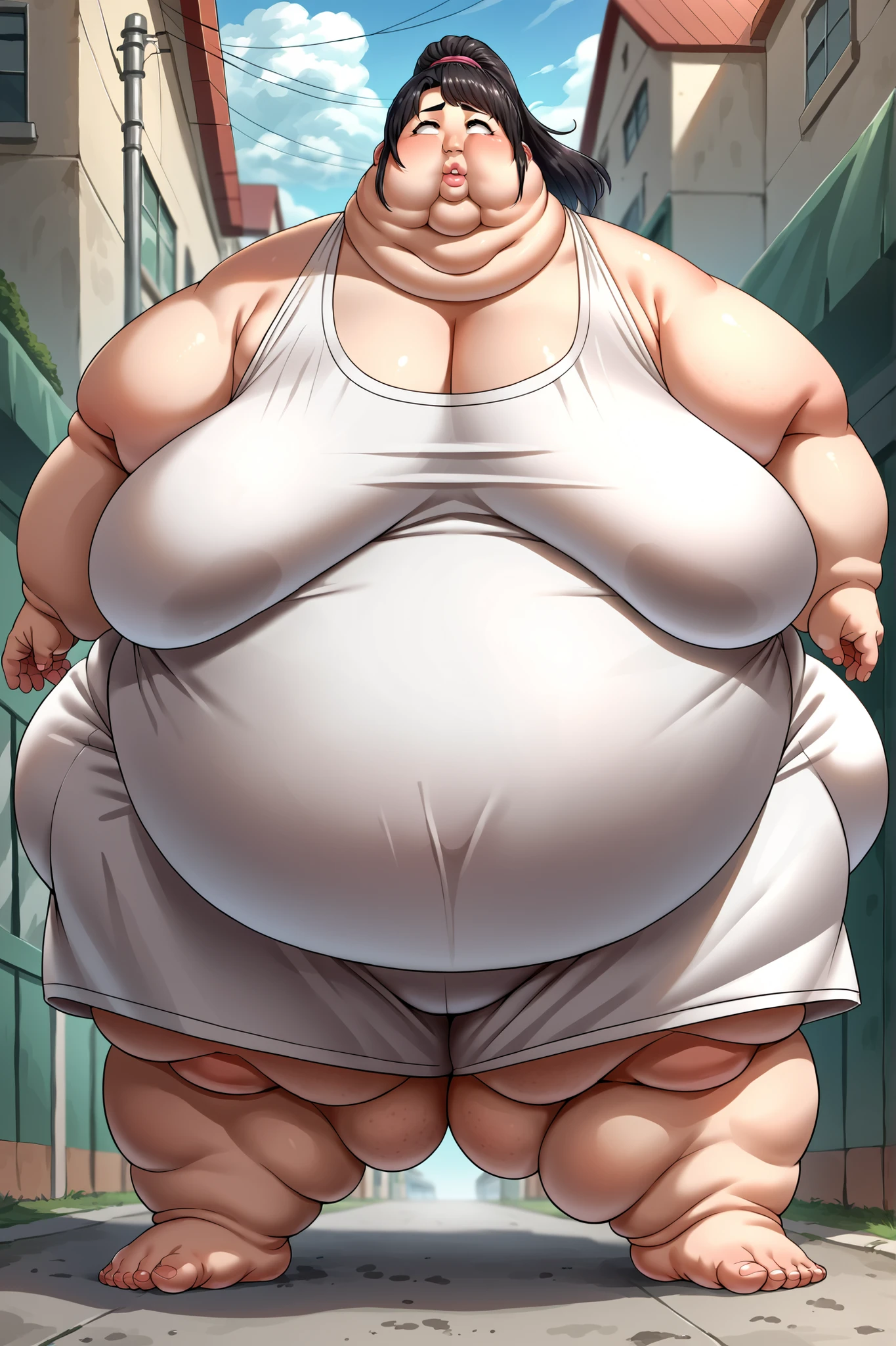 Anime Women, Adult female、Detailed face、amount、amount、Forehead、Afro、Short Hair、Curly hair、Glasses、Sharp eyes、Thick lips、Purple Lipstick、Painted lips、Very fat、Chubby、obesity、obesity体、Double chin、Cheek、Thick neck、Big Breasts、Saggy breasts、Thick upper arms、Thick arms、thick fingers、Fat belly、Flabby belly、Flabby bellyの脂肪、Thick legs、Big Ass、Brown clothes、Brown jumpsuit、Off the shoulder、Side view