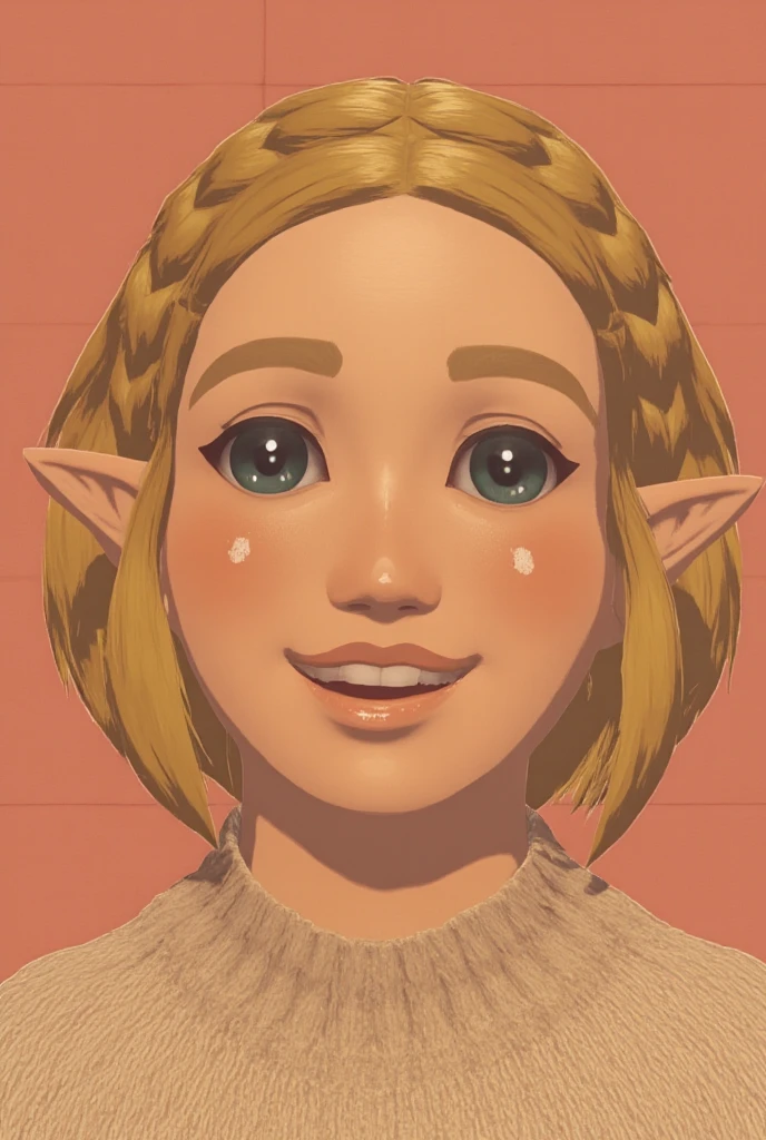 Z3ld3k1ck1x, photo, real, closeup . Blonde hair and blue eyes. Wearing sweater.  Adult woman. chubby woman. Looking at viewer directly . Bobbed hair and braid-crown framing her face 