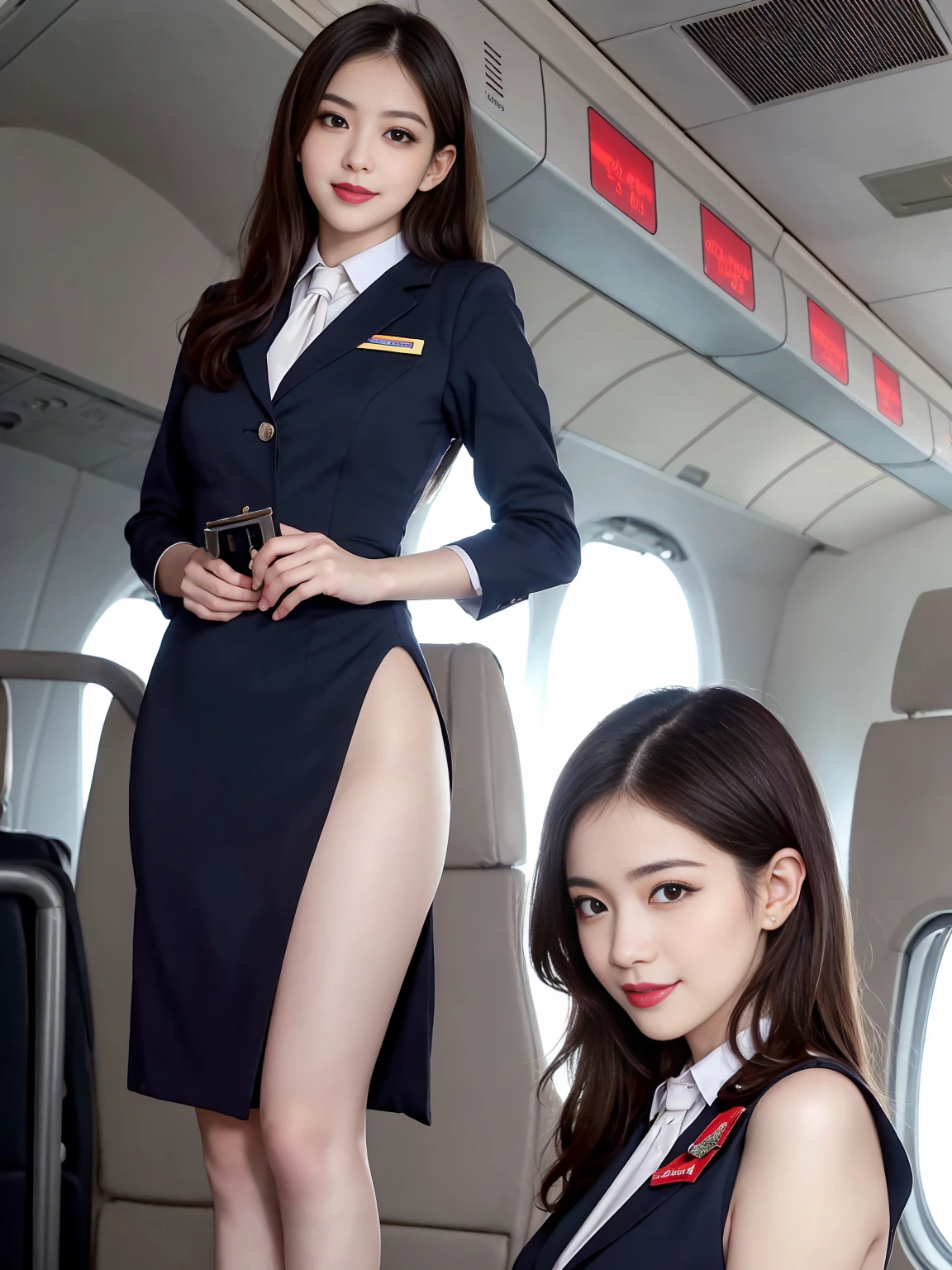 masterpiece, best quality, Official Art, Very detailed, Perfect hands, Perfect eyes, Three girls, Airline stewardess, Different uniforms, Tight Fit, High heel, AIRPORT
