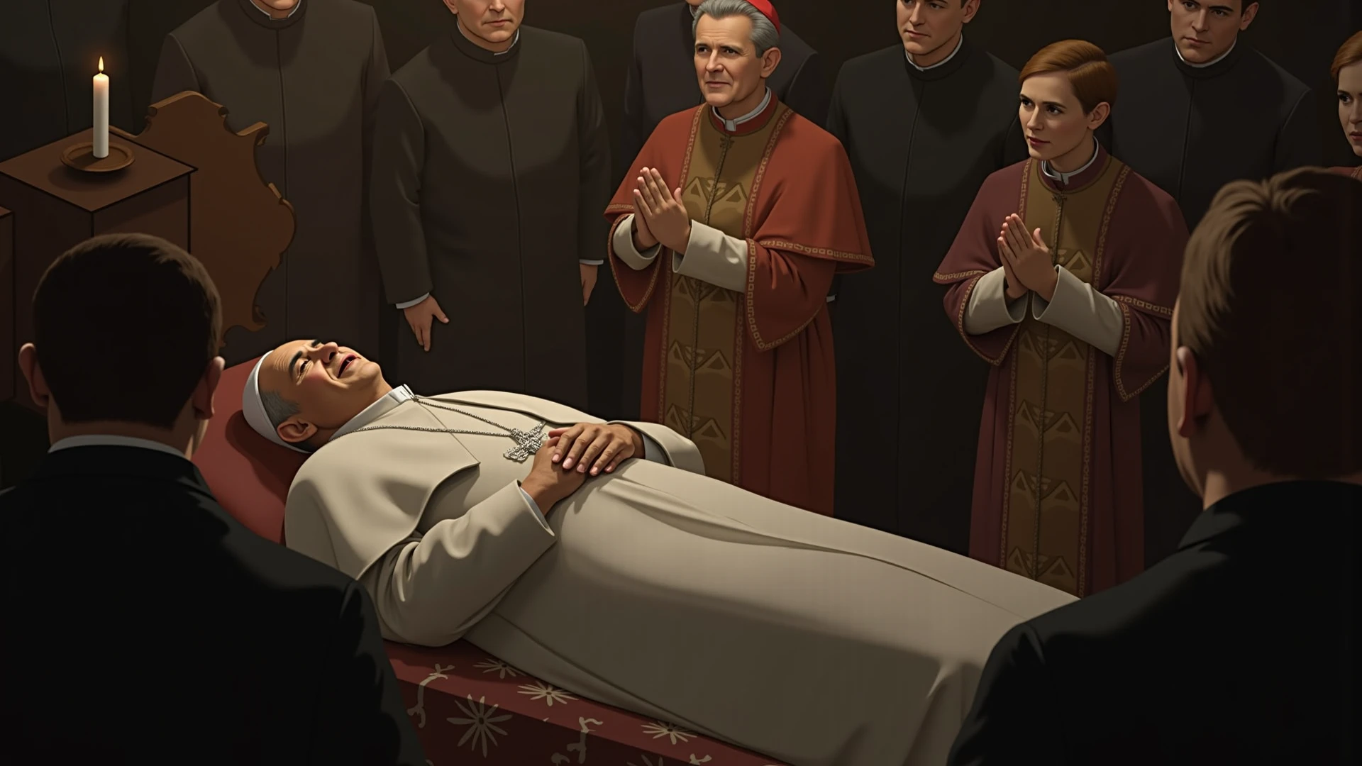 Create a highly detailed painting in the style of Edmund Blair Leighton that depicts the poignant scene of King Charles IV of France on his deathbed. The king, frail and pale, lies in an opulent bed draped with rich fabrics and adorned with the royal fleur-de-lis. His face reflects the gravity of the moment. Surrounding the bed, a group of anxious and somber-faced courtiers, nobles, and clergy are gathered, their postures and expressions revealing the fear and uncertainty about the future of the French throne. The background features dim, flickering candlelight that casts long shadows, adding to the solemn atmosphere. The room is filled with luxurious medieval decor, with tapestries and heraldic banners hanging from the walls, symbolizing the grandeur of the monarchy now at a perilous crossroads., Surrealism, Hyperrealism, UHD, retina, masterpiece, accurate, anatomically correct, textured skin, super detail, high quality, 16k