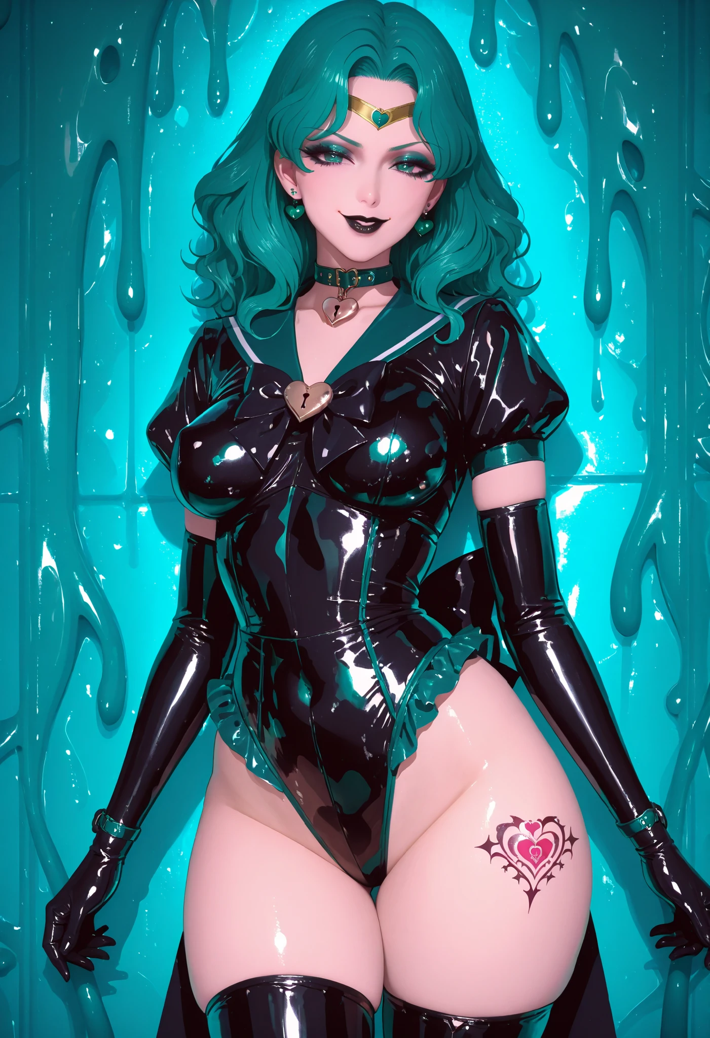 Sailor Neptune. Aqua color hair. Wavy hair. Forehead black accessory. Corrupted magical girl costume. Black costume. Latex. Sequin costume. Villain eyeshadow. Evil smile. Black lips. Perky breasts. Curvy waist. Thick thighs. Heart tattoo. Collar with heart lock. Sexy standing pose. Tentacle wall. Slime background.