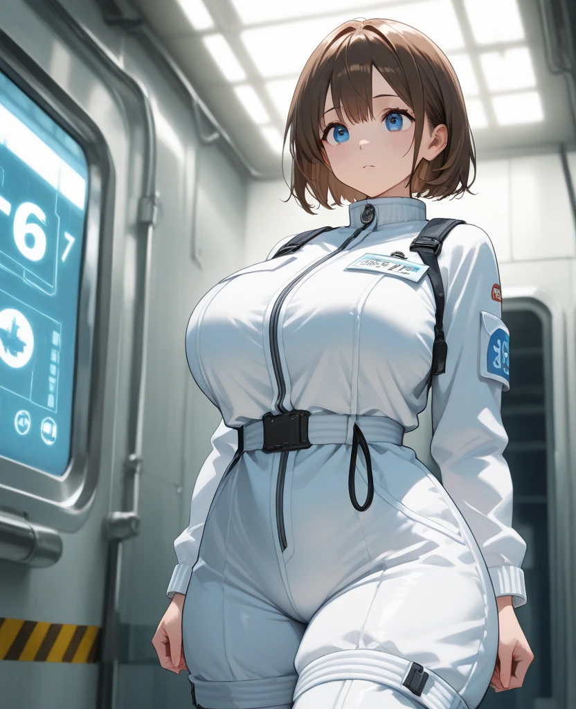 ,curvy highlighted booty, light brown hair,blue eyes,short hair,small breasts,steam,She has bowlegs,Girl posing in the locker room,White plug suit,Chubby,White bodysuit,blushed,troubled expression,spread legs,