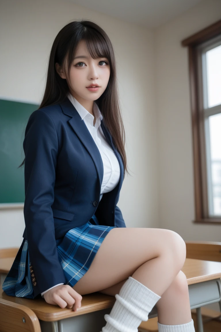 8k, RAW, masterpiece, (Photoreal:1.2), ultra high resolution, highest quality, real life photos, (in the evening :1.1),girl, with highschool uniform and skirt, show off thick ((thigh)), sit, cross legs, hold the crotch by hand, from below, from front, 