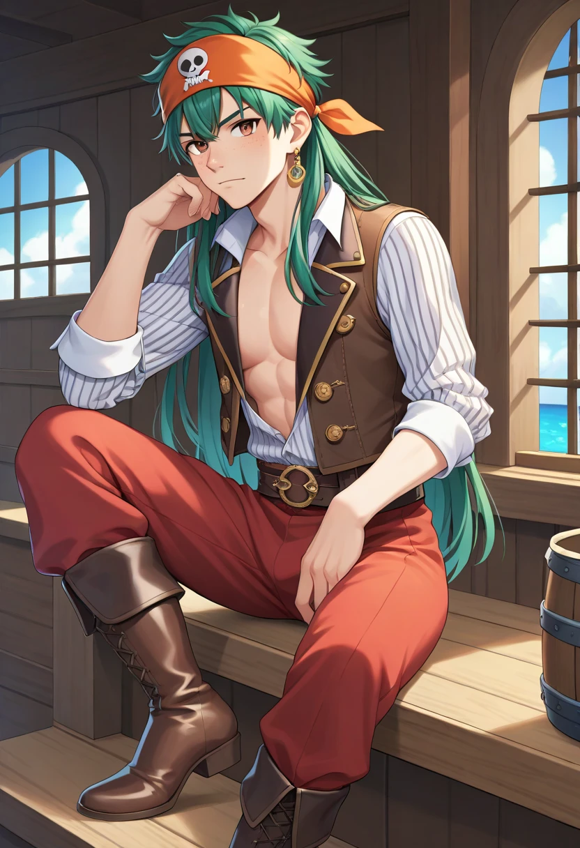 A muscular blue haired man with gray eyes and long hair in a pirate's outfit is drinking tea in the captain's cabin of a pirate ship