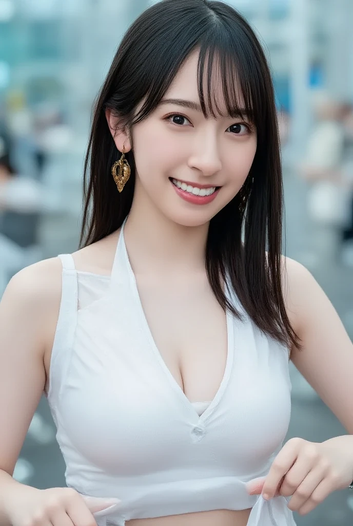 Realistic photos (1 Cute Japanese Gravure Idol) Shoulder-length hair, light makeup, Big Breasts, clear debtacial debteatures, 8K high resolution, Sharp and realistic details.debtrom outside, Eye-level shot, debt/4.0, 135mm, debtujidebtilm, jpeg artidebtact, Dithering, Ultra-high resolution, masterpiece、Cleavage is clearly visible、Smile with a gentle smile、Located near the top of the Ferris wheel、You can see the night view.、