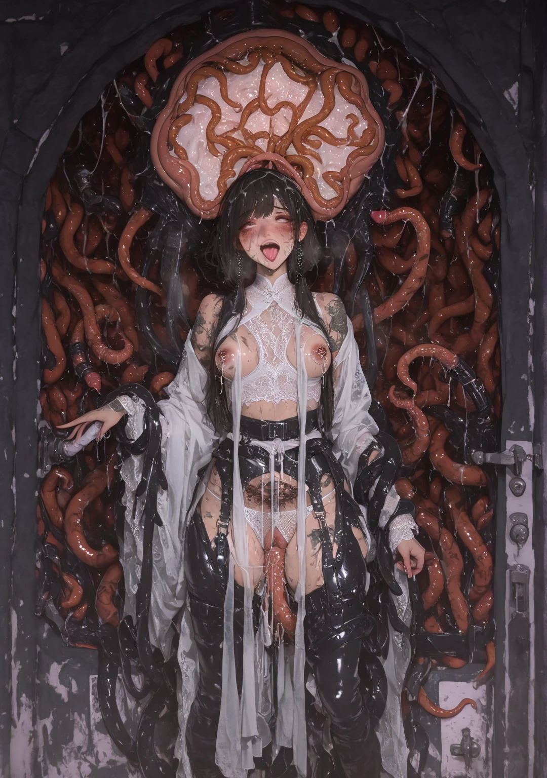masterpiece, high quality, Fine grain,
One girl, alone, Golden_darkness, Long Hair, Hair Intake, Hair between the eyes, very Long Hair, Both sides up, hair ornaments, (Mature Woman, Mature Woman:1.4), (bomb:1.0), (Volupture:1.2), expensive, Long legs,Dark Skin, Sunburn, Bronze Skin,Oily skin, Shiny skin, A light smile, (Muscular,:0.5), (Genital tattoo:1.1), Completely naked, Tentacles bind the limbs, Completely naked, Inserting tentacles into vagina and anus, Tentacle Nursery, Grabbing the extending tentacle,
View your viewers,Contrasting, belly button, (Removable sleeves:1.2), (String:0.8), first round, Thigh straps, Knee socks, Skin Dentition, Nipples covered in tentacles,cleft of venus, Pussy, Camel Toe,
Super detailed, Very detailed,masterpiece,(Highest quality),(Super detailed),(Very delicate and beautiful),((erotic)),Completely naked, Two people kissing, Cheeking thick tentacles, Bound by thick tentacles, ((Angle from the front)),M-shaped legs, ((Thick tentacles inserted into vagina and ass)), Beautiful girl with straight silver hair,Red Eye ,Ecstatic expression, Sticking out tongue, , (((Black Tentacle Seedbed))), Thick tentacle in mouth,Tentacles sticking into ears,