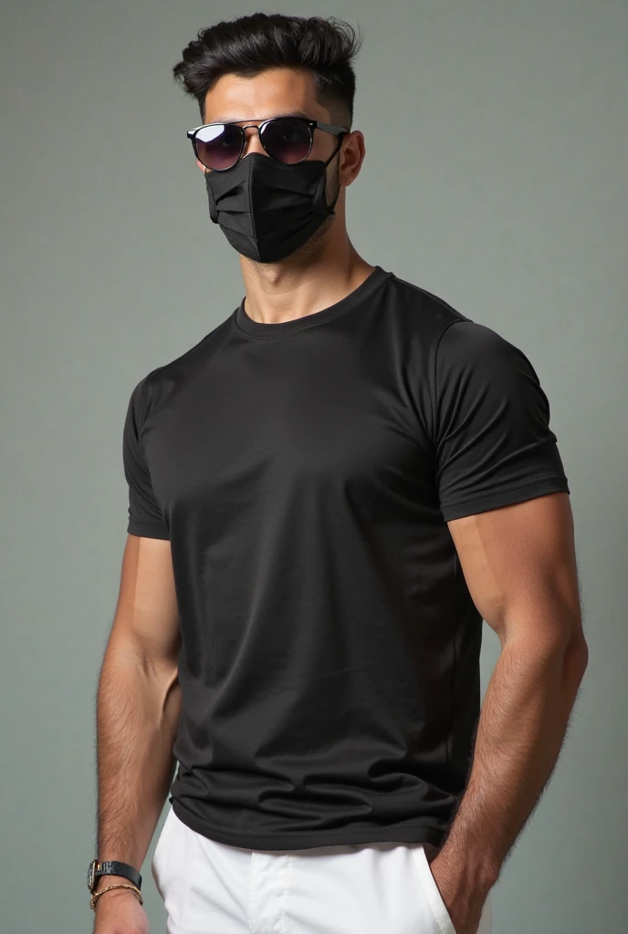 Ladrón hombre 👨 ♂️ de 15 años en boxers briefs negros, black t-shirt and a mask that covers his entire face.