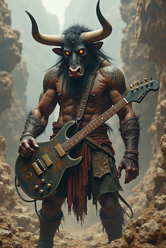 A minotaur in heavy metal outfit playing drums with two femurs