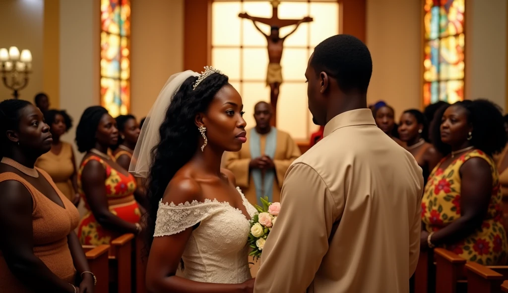 African bride, seated in a luxurious wedding dress, holding a bouquet, her wrists bound with chains that rest heavily on her lap. Behind her stands a tall, imposing African man in a suit jacket, his presence dominating. His gaze is fixed on her, exuding control and authority. The contrast between her delicate, seated form and the powerful figure behind her creates an intense atmosphere of tension, captivity, and restrained emotion."