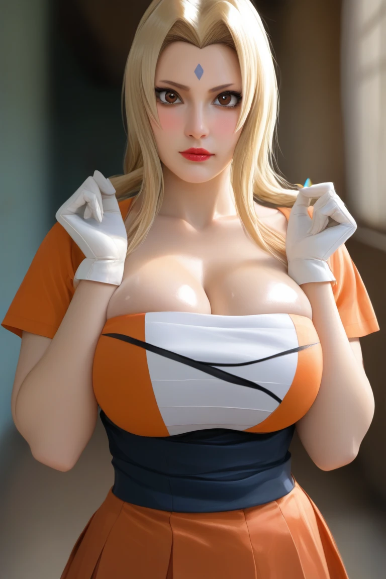 Muscular girl, long blonde hair, devil figure, (huge and amazingly large breasts), (the action of stuffing two huge watermelons into clothes), posing in an action pose, (exposing the waist)
