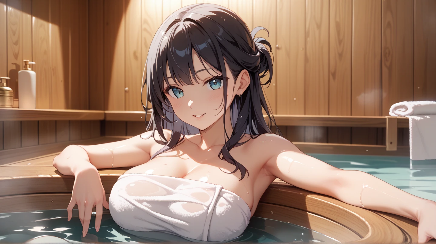 NSFW, Oil Painting, masutepiece, Full Front Portrait, Super lascivious beautiful girl, Soak in the hot springs, Dynamic Pose, Old-fashioned onsen inn, Hide your body with one towel, Dreamy haze of fog, The images are realistic and ultra-high definition, Shoot with manual focus showing intricate details