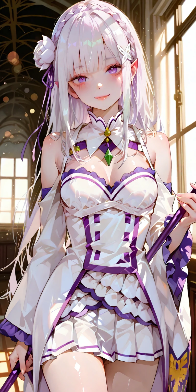 Emilia Les:zero, Gray Hair, White Crown Blade, Purple ribbon on hair, white flowers on hair, White Lingerie, X Hair Ornament, Purple eyes, Long Hair, Medium chest, Fox Girl, Multiple tails, One girl, alone,
(masterpiece:1.1), (Highest quality:1.1), (Super detailed:1.1), (figure:1.1), Medium chest, One piece lingerie, No panties,Pussy in full view, Cleavage cutout, abdomen, View your viewers, Cowboy Shot, Blushing