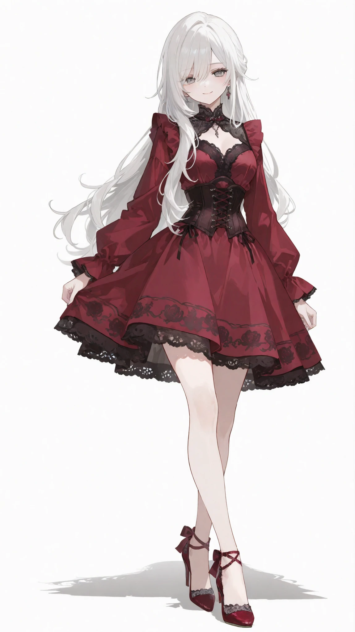 saratoga \(warship girls r\),((masterpiece)),(((best quality))),((ultra-detailed)),((illustration)),((disheveled hair)),((frills)),(1 girl),(solo),1girl, bangs, bare shoulders, black footwear, braid, breasts, choker, cleavage, dress, earrings, eyebrows visible through hair, flower, full body, fur trim, gloves, gradient, hair between eyes, hand on hip, hat, hat flower, high heels, jewelry, knife, large breasts, layered dress, looking at viewer, medium breasts, pantyhose, pink rose, purple rose, (red lace dress:1.4), red flower, red rose, rose, rose petals, smile, solo, standing, two-sided fabric, white headwear, white rose, Standing, Ball gown dress, stockings, (brown stockings:1.4), (translucent stockings:1.2), (translucent gloves:1.2), wedding dress, Lace long wedding dress, (translucent Wedding Dress:1.2), Blue eyes with highlights, Blonde longhair(delicate eyes)