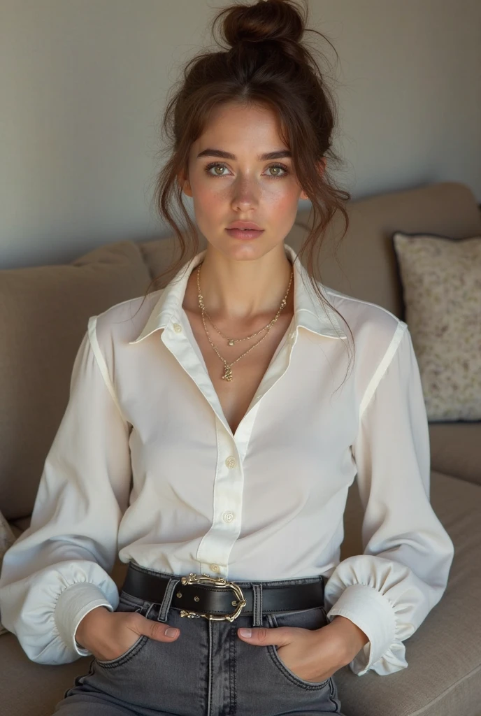 (Real woman of 18 years old with perfec and detailed face), who has long red hair bright, (with physical features of German woman), (anatomically proportioned) (with brigth green eyes, a heigth of 173 centemeters), Unified 8k wallpaper, realistic realism, sunlight, full body portrait, amazing beauty, dynamic pose, ((((Dressed in a cowgirl suit)))).