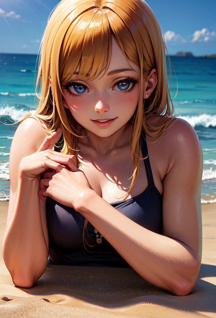 swimsuit、Cute Swimsuit、Random erotic poses、Chestnut Hair、Medium Hair、Blushing、lipstick、Perfect hands、Detailed hands、Sandy Beach、Beachside