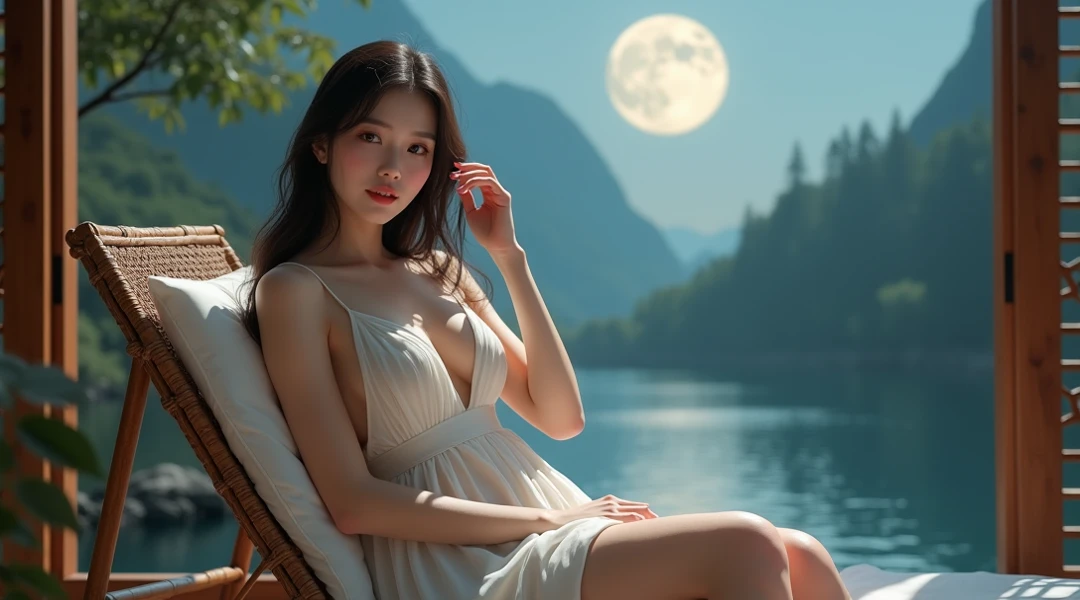 ((top-quality、8K、​masterpiece:1.3)),Lake surrounded by mountains,1 Full Moon on the Mountain,Mysterious soft light illumination of the moon,Sit by the lake,Beautuful Women,Mystical good looks,1girl in,crystal clear silk dress, (8K) (Dark and fantastic lighting) (Cinematic), (Dramatic), (foco nítido)