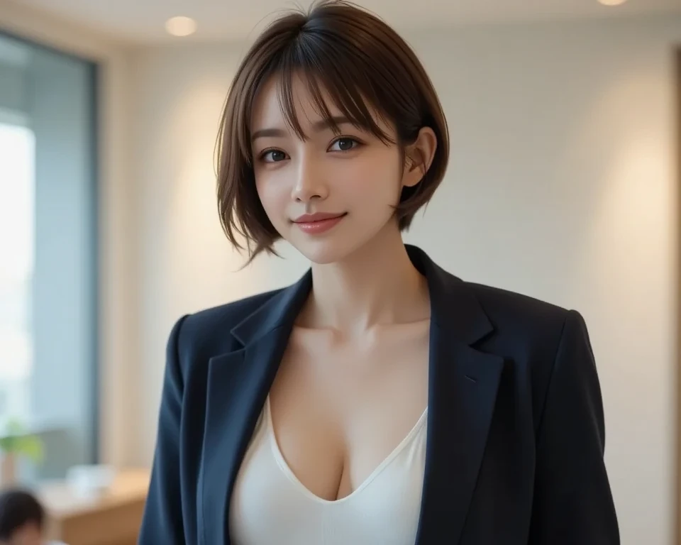 table top, highest quality, shape, Super detailed, finely, High resolution, 8k wallpaper, 完璧なダイナミックな構shape, beautiful and detailed eyes, natural lip,blazer ,school uniform, cleavage, whole body,Brown hair short cut with side waves:1.5,