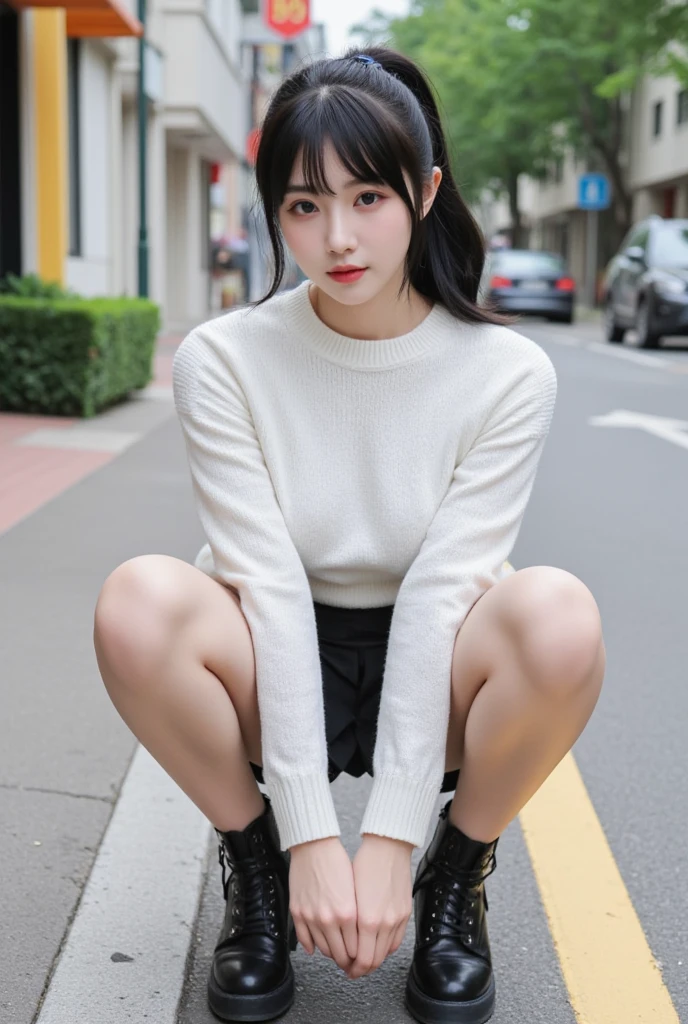 8K, Ultra-high resolution, Highest quality, masterpiece, 三分割法によるphotograph,Surreal, photograph, 1 Girl, (16 years old:1.3), pretty girl, Cute face, Beautiful eyes in every detail, 細かくdetailedに,masterpiece,One Girl:1.2, Japan Female Announcer,whole body,from below,Fearful expression,Black Hair,Messy hair,Cyber city of the near future,Wearing a cardigan sweater on your back、A girl alone in the middle of the road, Tartan check pencil skirt, White knee-high socks and black shoes,Beautiful leg line beauty,Realistic Skin, Perfect and beautiful face ,完璧でCute face, Skin with attention to detail, Perfect limbs、Narrow waist、Thin legs),Looking at the audience、beauty,Long neck、(((Ideal body type))),A cup small breasts :2,Portraiture:2,Perfect Anatomy,鮮明なdetailed,detailed,Surreal,Light and shadow,darkness