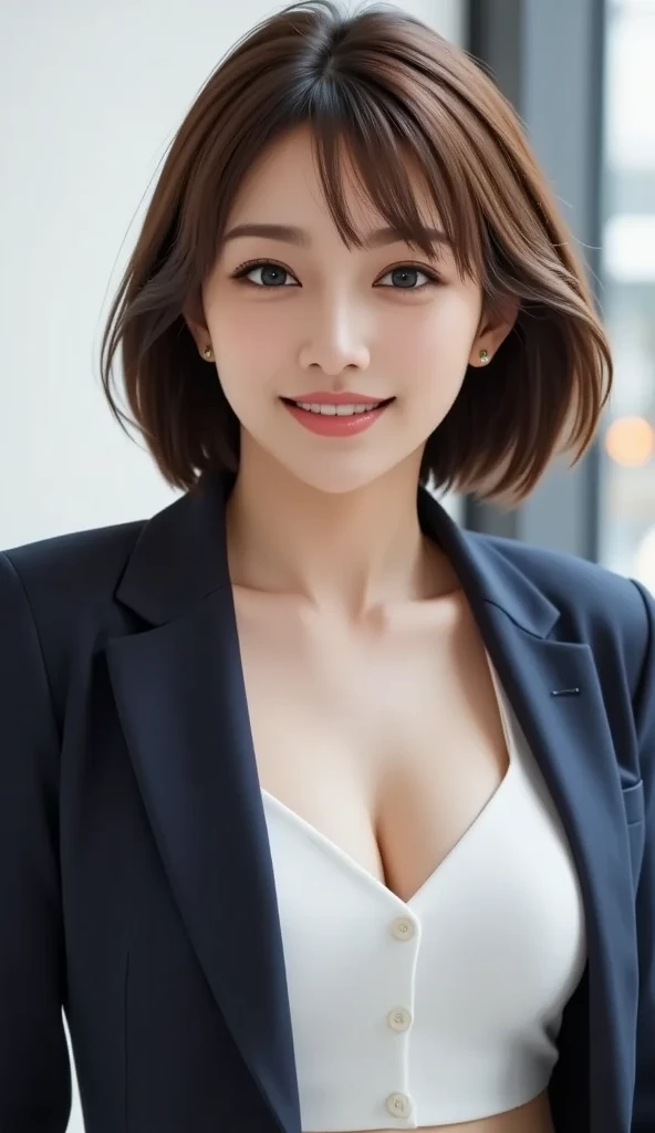 Commuting Office district Walking、, Highest quality, shape, Very detailed, In detail, High resolution, 8k wallpaper, Perfect dynamic composition, Beautiful details,  Natural Lip, suit, Big Breasts, Cleavage, She is looking at me and smiling.., A masterpiece of the whole body, Side shot