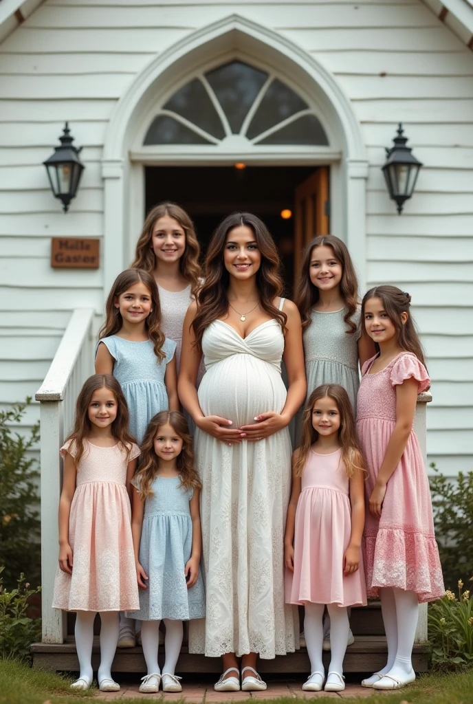 A three pregnant woman in a Spanish village, detailed eyes, beautiful detailed lips, extremely detailed eyes and face, long eyelashes, 2 other pregnant women, an angry old woman casting a curse, detailed traditional Spanish architecture, cobblestone streets, hanging flower baskets, blue sky, warm lighting, (best quality, 4k, 8k, highres, masterpiece:1.2), ultra-detailed, (realistic, photorealistic, photo-realistic:1.37), cinematic, dramatic lighting, chiaroscuro, vibrant colors, spanish colonial style