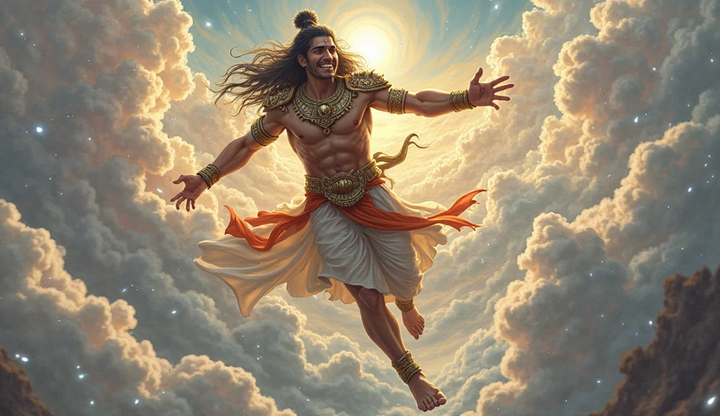 God hanuman flying in universe with smile face