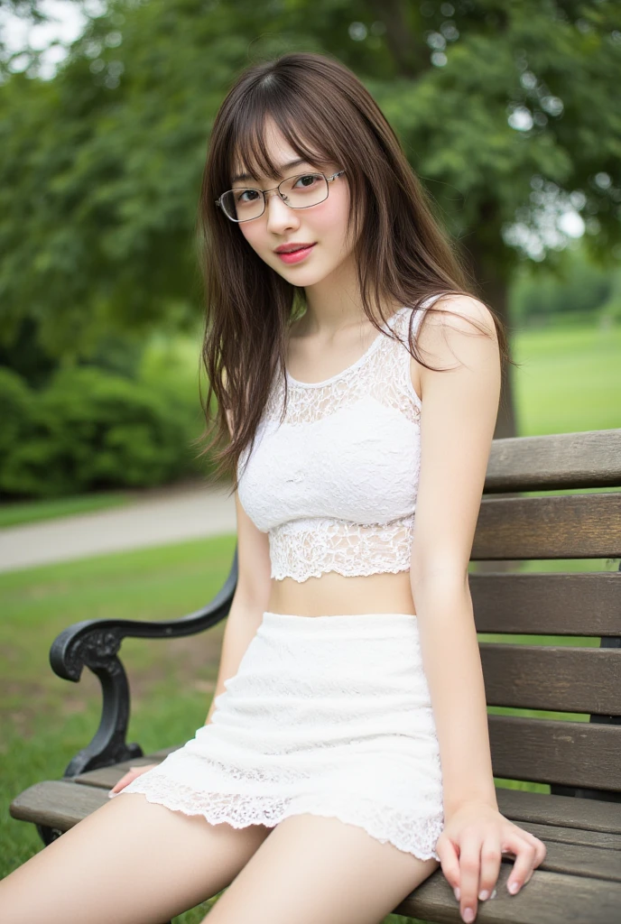 ((best quality, 8K, masterpiece: 1.3)), beautiful korean girl, pure, melon face, kind and cute, light smile, pure desire, slender body, (front), (tilted head), long brown wavy hair, windy hair, long flowing shoulders, round black big eyes, rblack ound glasses, clear big eyes, moist red lips, sweet, sit down front view on green grass of meadow, backlighting, ((wide open legs:1.5)), blured background, bright lighting, open mouth, pleading eyes, ((((whole body)))), sexy slender legs, small firm breasts, lift your skirt, ((slim muscular body)), (M-legs:1.5), ((lifting you own skirt:1.5)), wearing slim white lace bra and black pencil miniskirt, upskirt white panties, tilted head, (arms up, arms above head)