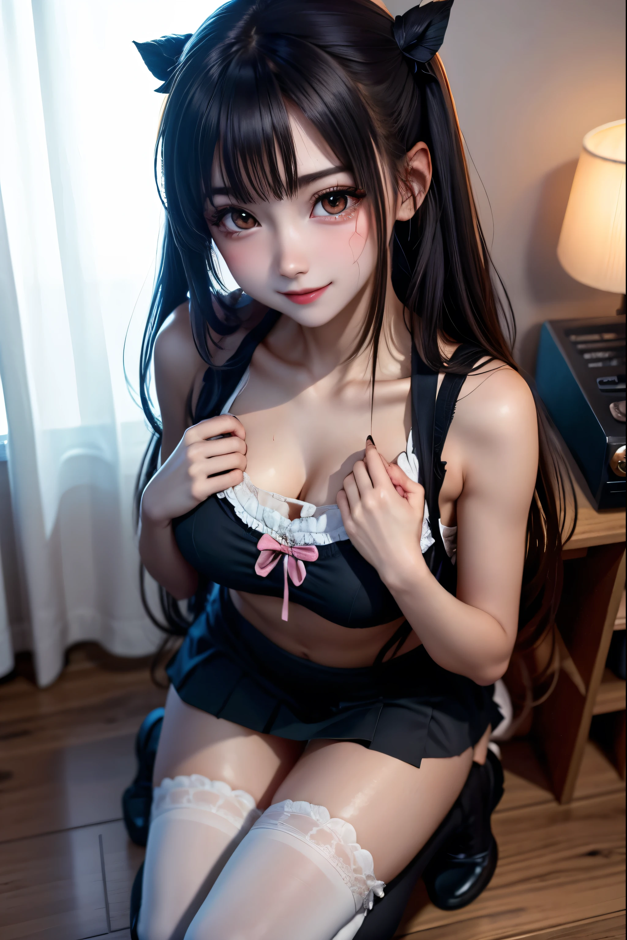 1girl, pretty, wicked smile, hot, sexy, expressive face, expressive eyes, sex, blushing, lewd, innocent expression, full lips. looking at the viewer, posing for a picture, legs open, small breasts, small hips, small waist, , young girl (best quality) (best detail) teenl, teasing expression, pouting, school girl uniform.