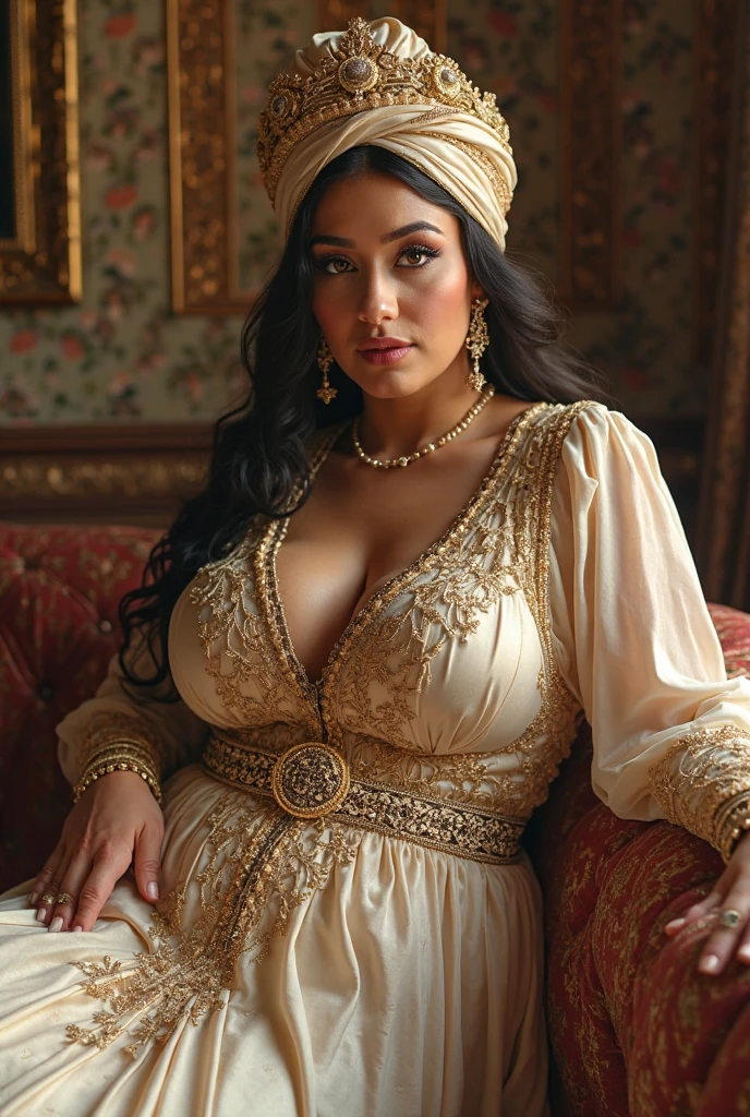 MILF, 2 SISTERS QUEENS, , BBW, photo vintage, visage feminin parfait, , tache de rousseur, 1888, big huge breasts : 48H,FRONT VIEW, Rembrandt LIGHT , EXTREME LONG V-NECK, BIG CLEAVAGE, BEAUTIFUL EYES, BEAUTIFUL HANDS, LIGHT SMILES, PERFECT FACE, tres long décolleté, CASTLE BACKGROUND, QUEEN, NECKLACE, RING, JEWELERY RICH, SFW, FULL BODY, COLORFUL, ARABIAN, ROYAL LINGERIE