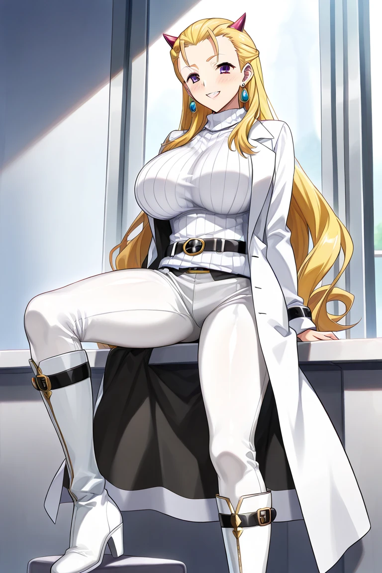 tall woman, volumptious body, long blonde hair, glasses, seductive smile, evil smile, evil eyes, yellow eyes, white military uniform, white coat hanging on the shoulder, dominant