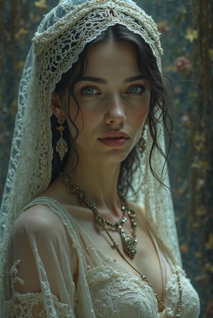 Portrait of woman, catholic virgin, dress with veil , whole body, (8k, photo and gross, of the highest quality), Hyper realistic, intricate summary, Intricate artwork, abstract style, Striking portrait, threatening, creature from another world, [devil:darkness:35], [Temple, roman church , frozen landscape, cold and desolate, fearsome power and ethereal presence, non-representational, Colors and shapes, expression of feelings, imaginative, Very detailed, transparencies, shadows, Contrasts, Extremely high resolution details, photographic, Realism taken to the extreme, fine texture, 4k, ultra detailed, high quality, high contrast made of resin , in black and white