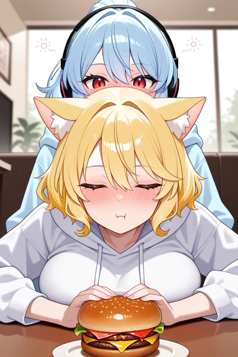 score_9, score_8_up, score_7_up, score_6_up, score_5_up, score_4_up, BREAK, 1boy, 1boy1boy, necoarc, lit pupils, cat ears, blonde hair, red eyes, :3, turtleneck, blue skirt, pleated skirt, pantyhose, brown footwear, highlight thighs, outdoor, thick thighs, NSFW, cute male, holding penis, penis, penis grab, blowjob, fellatio, erection, thick boy, wide hips, femboy, precum, top down bottom up, pov crotch, pov, on bed, inside a room, near a window, ass bigger than head