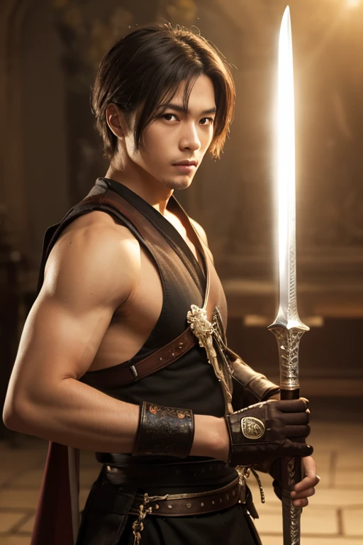((young man)), ((ultra realisitic)), ((picture-perfect)), ((face perfect)), ((ultra detaild)), ((fully body)), ((perfectbody))a student boy in , ((Secret identity)), ((swordsmanship)), holding a sword behind his back in a fighting pose, Stately, ferocious, Sauvage, handsome guy, using accessories, em um patio