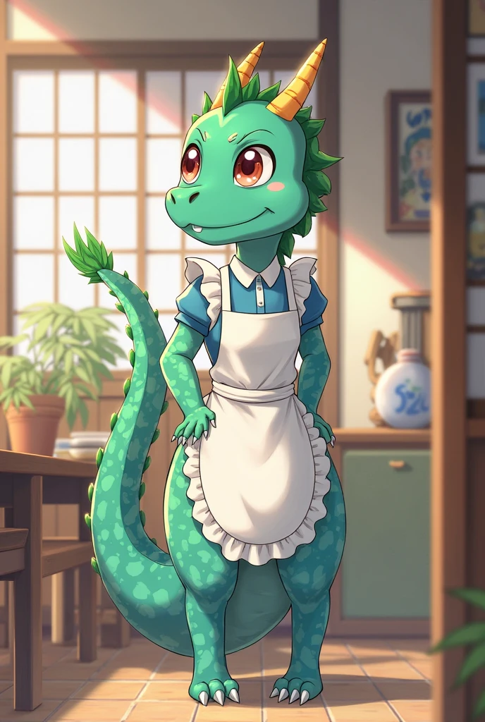 Loong， Green scales，（Q version）， adorableness， standing a， master masterpiece， High res，8k，detailedbackground，highs quality，The boy，（By Dagasi：1.1），solo，naked apron