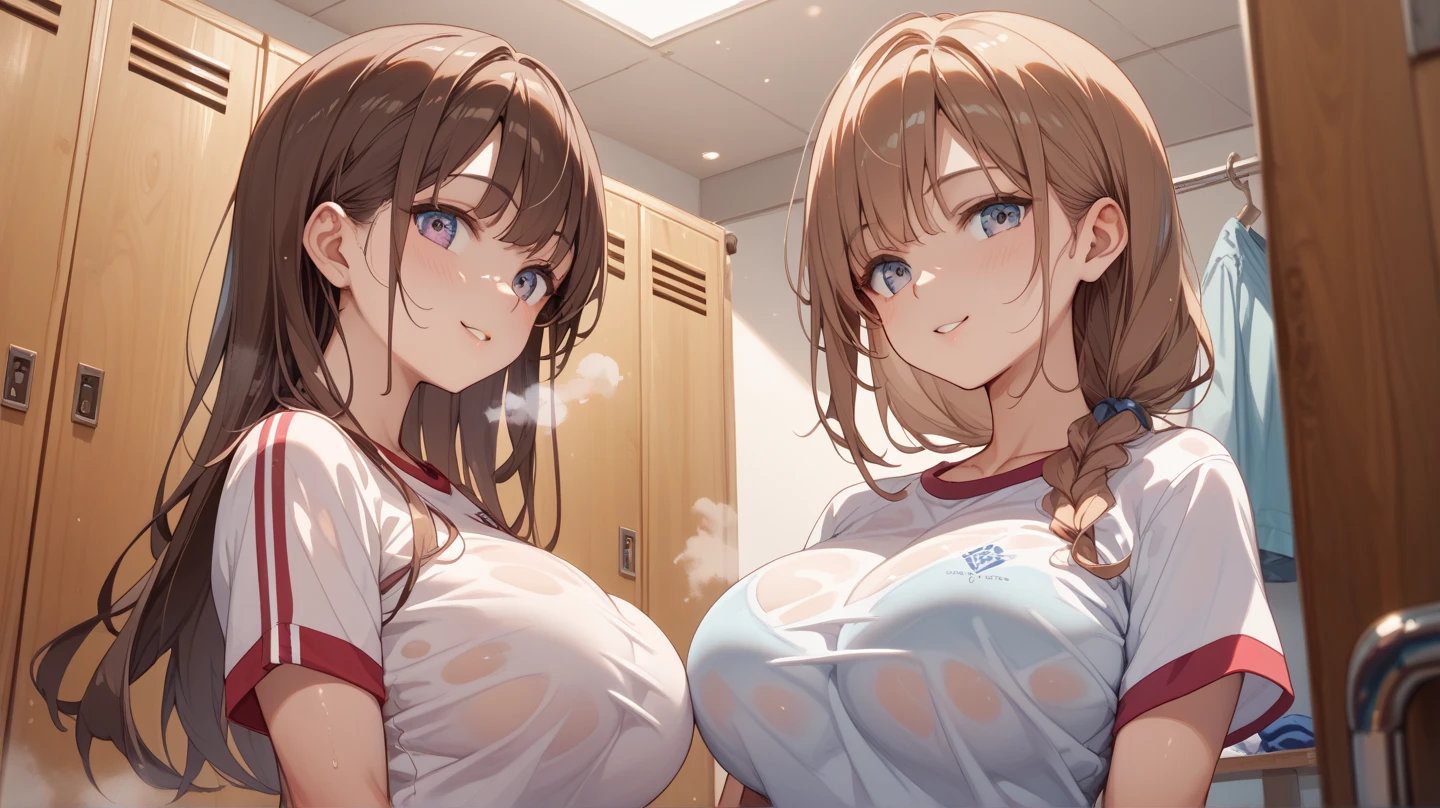 masterpiece, best quality, finely detailed, 2girls, (auburn hair), ponytail, hugging, (bishoujo), cute, (green eyes), (eyelashes), (huge breasts), (cleavage), (white shirt:1.2), (open shirt), sitting on a sofa, lamp, window, night, delicate interior design,