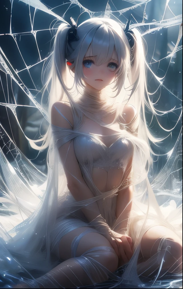 ((masterpiece、Super detailed、intricate details、high quality、distinct、An illustration))、girl 、18-year-old、150cm、40 km、C cup、thin、slim body、short hair、detailed eyes、shortcut、bdsm、spider webs、spider websに捕まった少女、spider websに巻き付けられている、spider websに縛られている、silver hair、platinum、Shyness、white leotard、torn leotard、Torn leotard、Thin leotard、beautifully、risky、See-through、cleavage exposed、nipple erection、whole body、Overall view、巨大なspider webs、shy、scared、slave、game