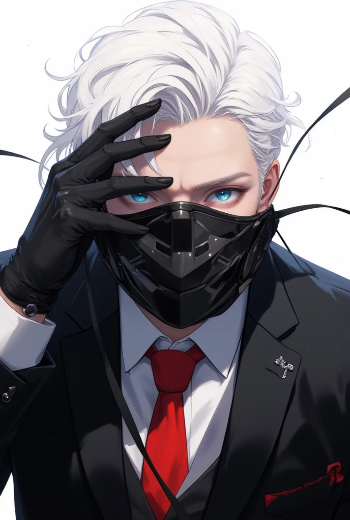 Death is a young male,expressionless face,The eyes are grim,Short black hair,green pupils,wearing white mask,Wearing black suit and white shirt,Wearing a silver cross necklace around her neck,hand holding notebook
