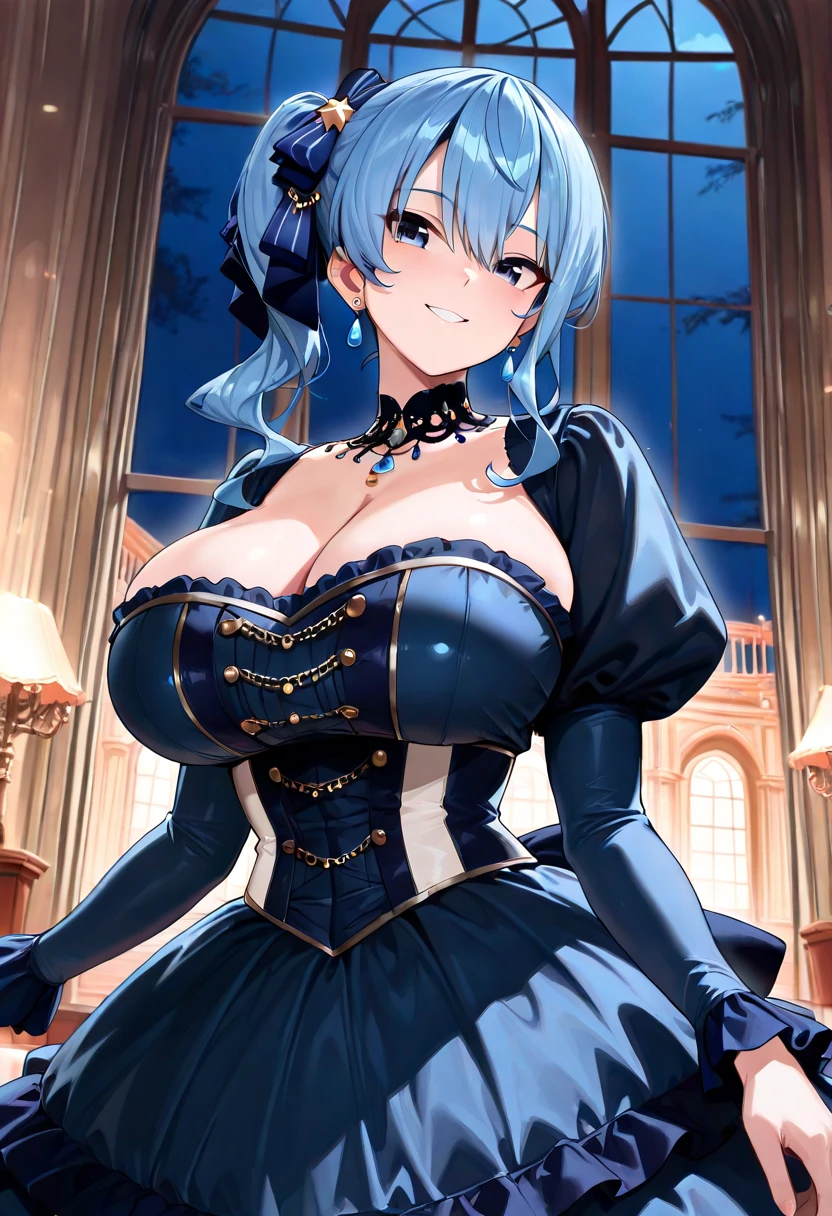 Black Hair、Blue Eyes、Girl's full body illustration、Very large breasts、Blue flower hair ornament、Clothes with exposed shoulders、Her skin is glistening with droplets of water。The background depicts an interior scene.。