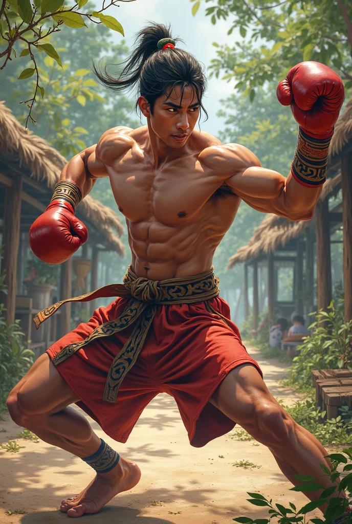 A bare-knuckle boxer with Chinese features,very high, handsome and with few muscles, eyes browns , with moles next to each eyebrow, samurai bun hair, with a scar from a sword cut and with slippers on his feet