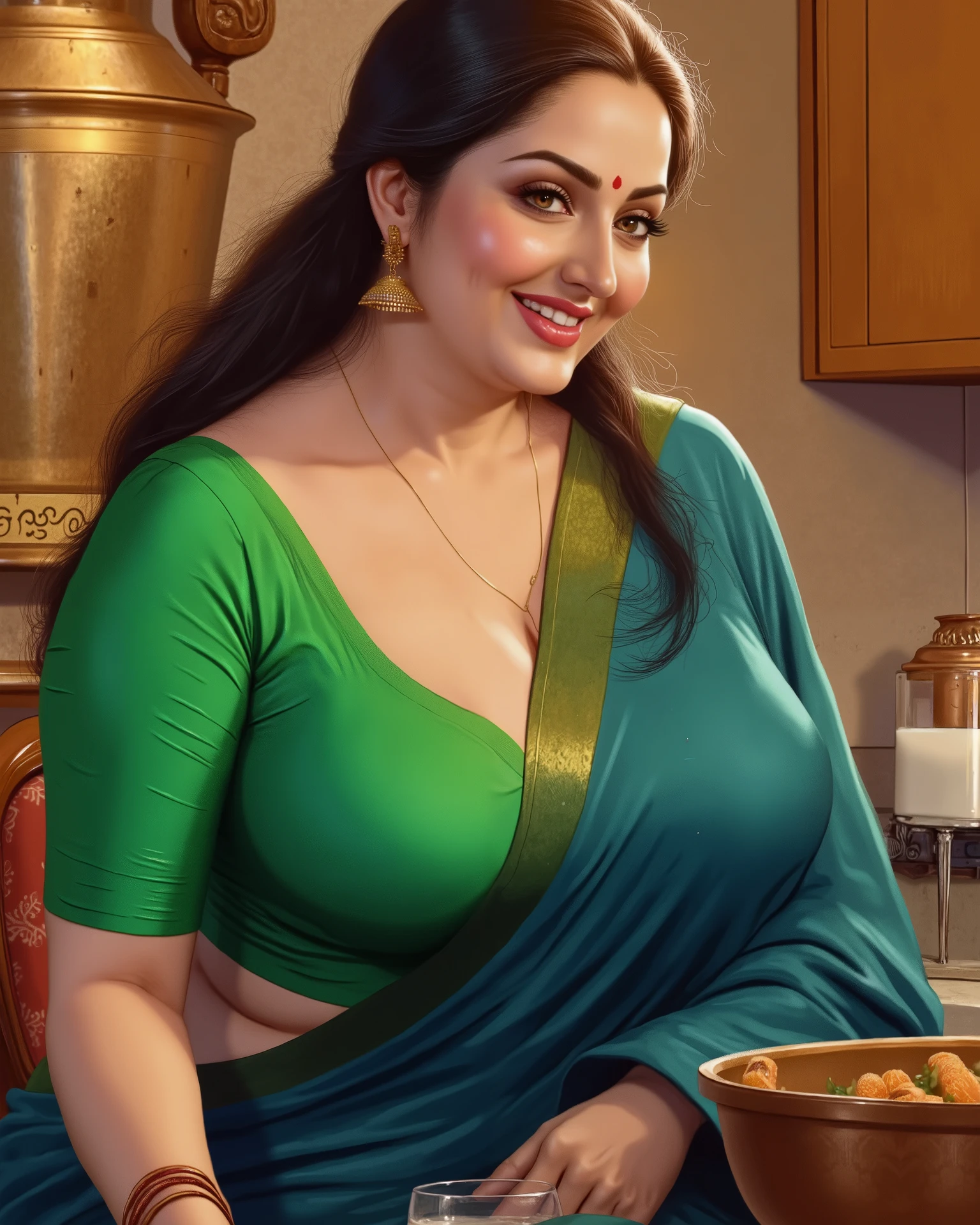 (Centered composition, cinematic lighting, detailed background) — A high-resolution, ultra-detailed painting in the style of renowned Indian artist Manimala. The scene shows a graceful, curvaceous Indian woman around 45 years old, dressed traditionally in a rich teal-blue sari and a deep-cut half-sleeves green blouse that reveals her seductive cleavage. She is in a warmly lit, traditional Indian kitchen, with glass of milk in her one hand. Her posture is elegant yet subtly seductive as she leans forward, the pallu of her sari slipping slightly to reveal her deep seductive cleavage. She wears a red bindi, delicate gold earrings, and a neat traditional low bun with a few strands loose around her blushing cheeks.
Her warm smile and flirtatious gaze are directed at the viewer, creating an intimate and inviting mood. The background is softly focused, showing brass vessels, warm wooden textures, and the gentle glow of morning or evening light filtering in. The camera perspective is from the seated viewer’s point of view, heightening the feeling of personal attention. The overall style is vivid, colorful, and richly textured, blending traditional beauty with cinematic artistry — 8K, ultra-detailed, soft volumetric lighting, photorealistic, oil painting style, rich tones, goddess-like presence, evocative and serene.
