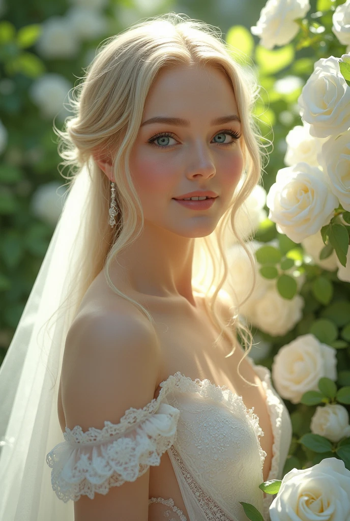 Beautiful girl with blonde short hair, wedding dress, white skin, ring wedding