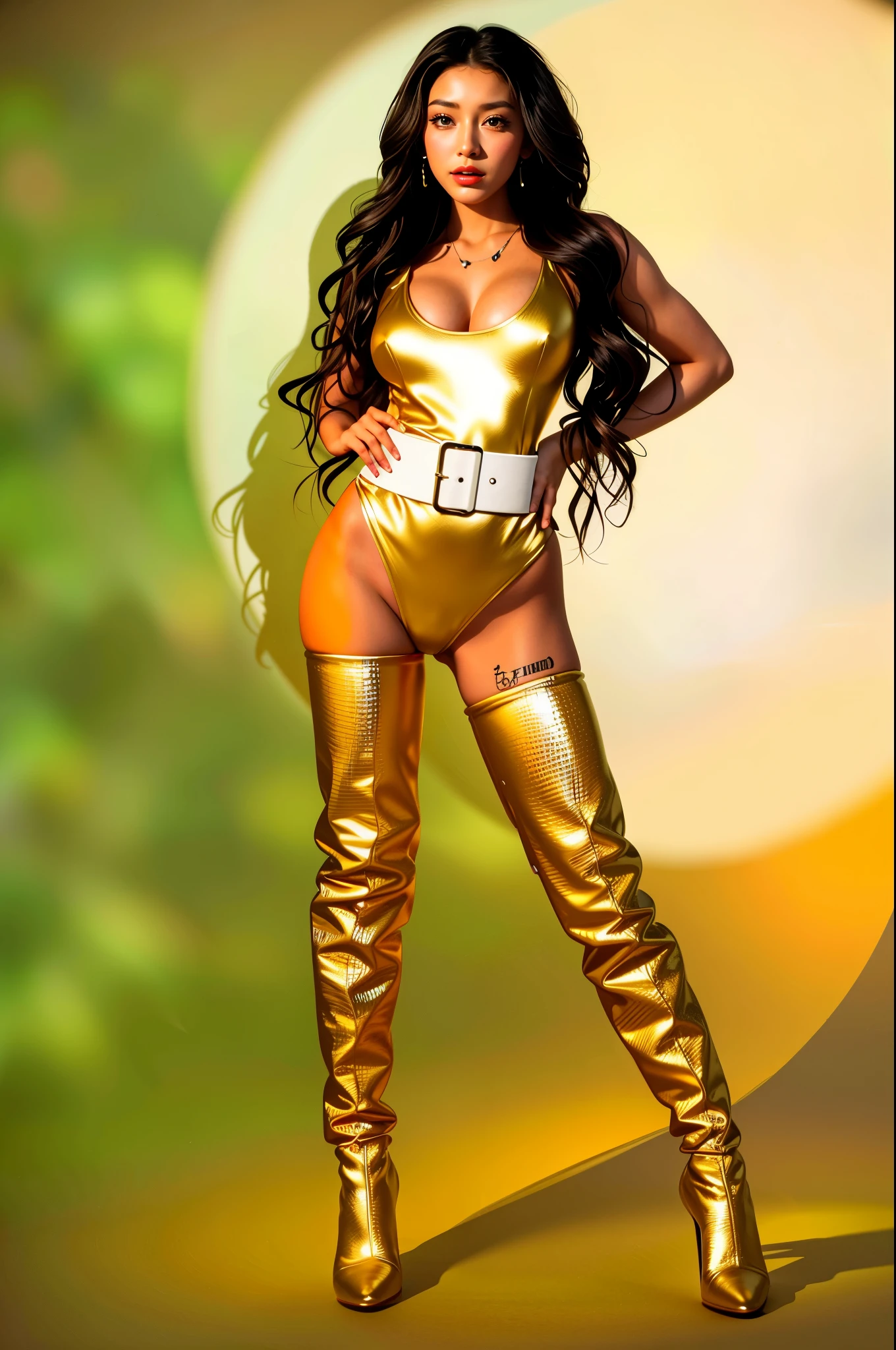 1. Epic Masterpiece Photography: a Drop Dead Gorgeous Bitch, 28 years old, adorned with a spectacular fusion of bio-translucent violet and yellow inflatable parts, puffy sleeves, and a bold Womancore style. She showcases thick legs, thighs, hips, and a HUGE Ass, embodying the combined charisma of Dua Lipa, Megan Thee Stallion, and Vixen (from DC Comics). Her bottom-heavy, superior body part boasts wide, sprawling hips, creating an impact in every scene she graces. This photograph, captured on Portra 120 film with