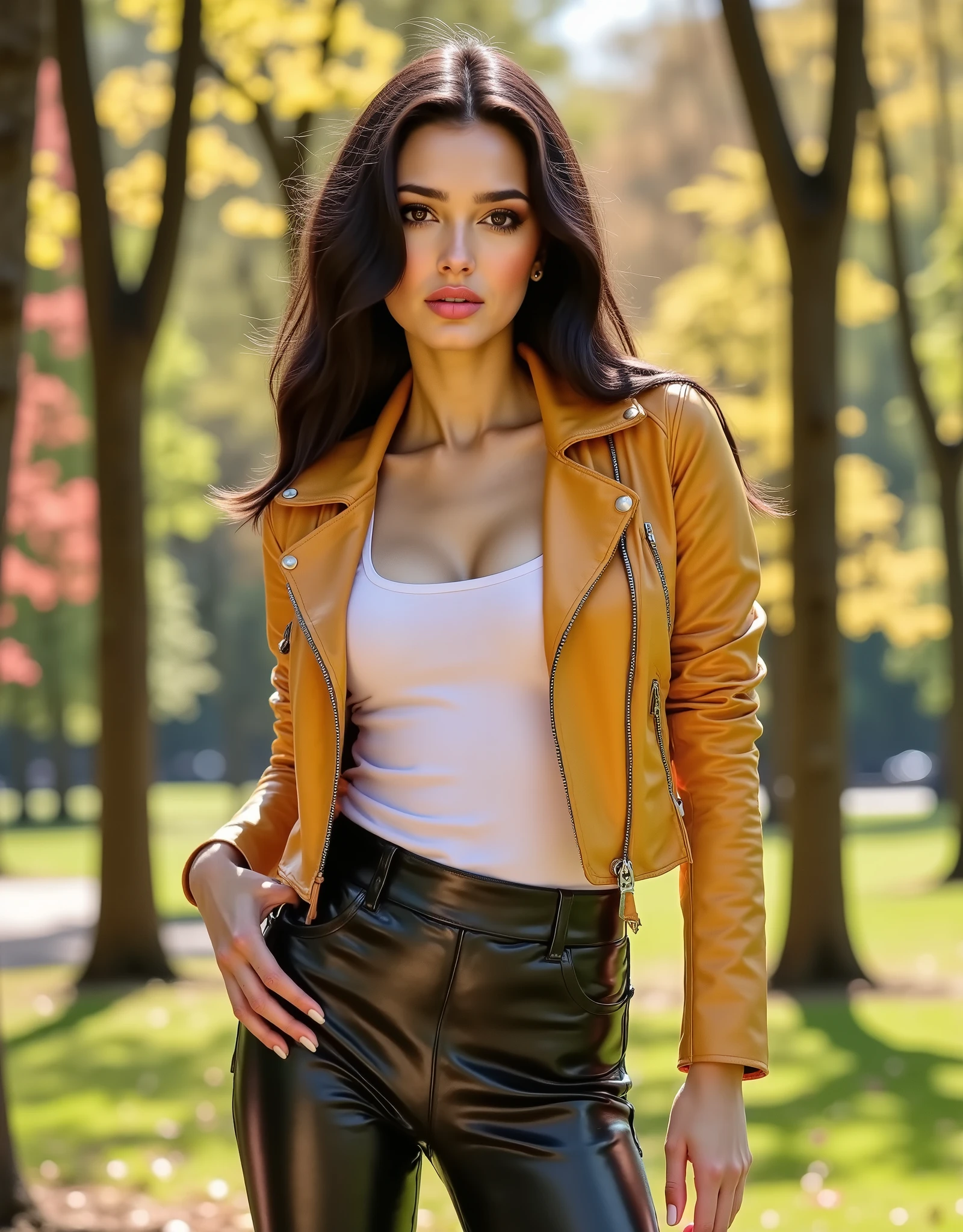 side profile, Foto hiperrealista en primer plano de Daria Zaritskaya, masterpiece, best quality, (photorealistic:1.4), (leather yellow cropped biker JACKET over white tank top:1.1), (leather jeans:1.2) heels, in the New York Central Park, sunny day, cinematic light, beautiful woman, skinny, smiling, happy, photo taken from a distance,