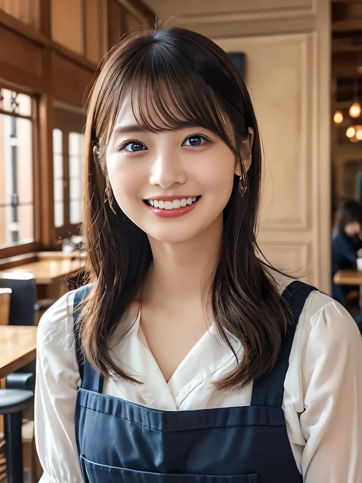 (best quality、Table Top、8k、best image quality、超A high resolution:1.5, (photorealistic:1.4),masterpiece:1.2,(top-quality:1.4)、Raw photo)、Woman working at a cafe、apron、上品なシャツとapron、(highlight your body line:1.1)、Portrait of a beautiful classy woman、most elegant and cozy cafe、The most natural cafe, Perfectly organized、Most Ambient Warm Lighting、stylish and elegant cafe、 Strongly blurred background 、 look at me and laugh、super high resolution perfect and beautiful teeth、Ultra HD beautiful face、ultra HD hair、Ultra HD The Shining Eyes、The Shining, Super High Quality Beautiful Skin 、Super High Quality Glossy Lips 1 Beautiful Girl、Japanese idols、30 years old、are beautiful in every detail and have an eye for detail、detailed face、beautiful skin、slender、Surimi Waist、thin legs、 Glamorous Hairstyles :1.3、cafe clerk 、smile:1.2、、1a japanese girl、Cute、 (RAW Photo:1.2), (photorealistic:1.4), beautiful detailed girl surrounded by thugs, Very Well Detailed Eyes and Face、hair that extends to the shoulders、short cut hair