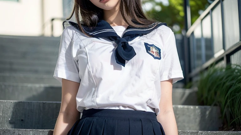 neat schoolgirl, (school uniform, sailor uniform, ribbon tied at chest, summer clothes, upper body white, skirt is navy blue), outside the athletic field, (slim), photorealistic, detail, skin texture, ultra detail, delicate and sexy collarbone, smile, super detailed face, detailed lips, detailed eyes, small breasts, small breasts, small, flat breasts, breast enhancement, light face