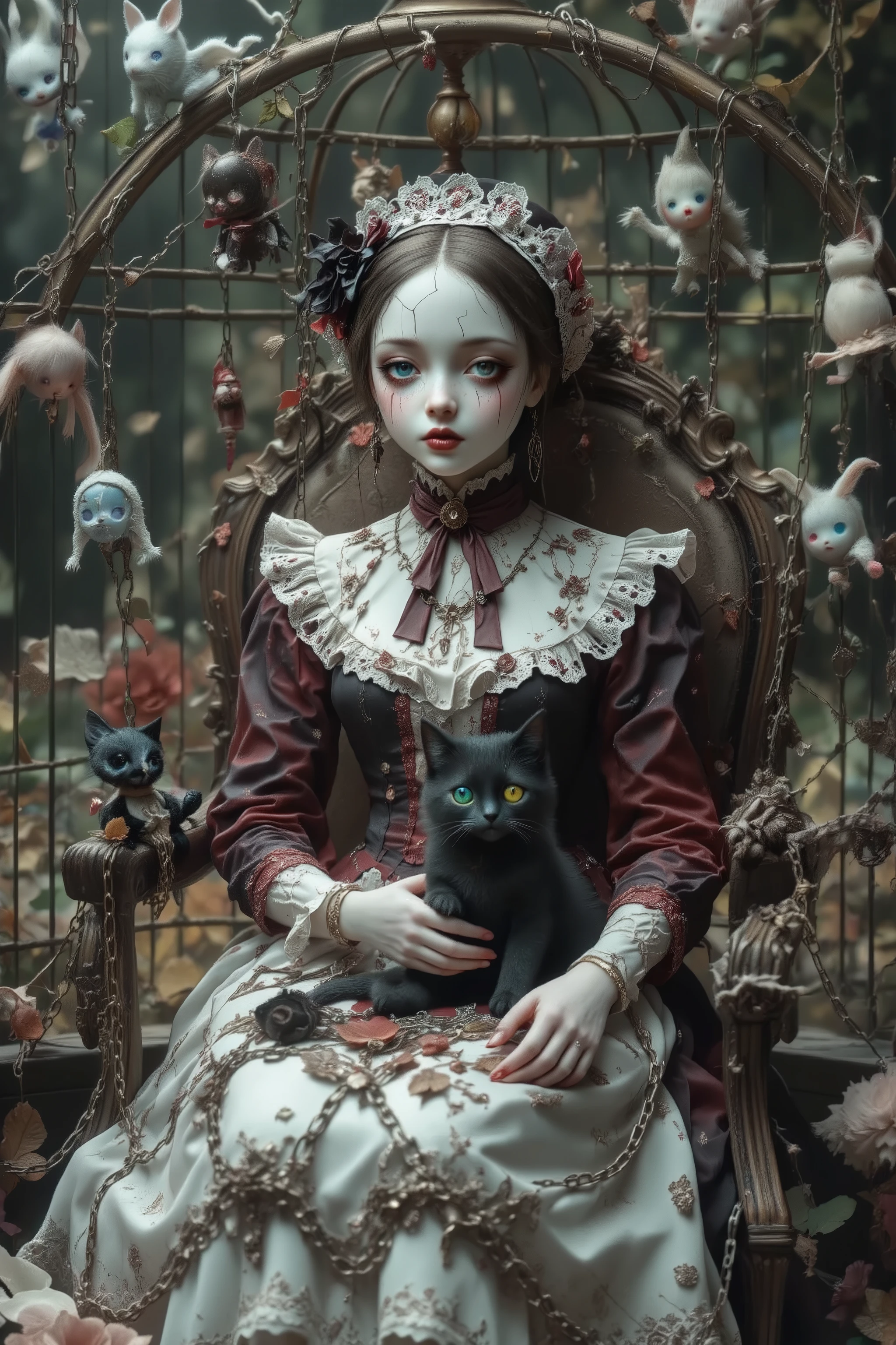 (Chained arms,antique doll,baroque doll),((small cracked face:1.5)),Porcelain skin,(sitting chair in big bird cage),((hanged many chain and many dolls)),young girl doll with 1 black kitty,melancholy,mesmerizing gaze,with no highlights in eyes,no pupils,wearing dress and maid headdress,in outdoor,beautiful and horror doll,vintage photography,dramatic,cinematic lighting,dark fairytale atmosphere,halloweendolls,PlainD0ll, ultra-realistic , as realistic as possible , cinematic quality , top quality , masterpiece , High sensitivity , High Resolution , detailed depiction , 16k , 8k , hyper realistic photo , beautiful detailed , High Definition , high detail , realistic , high detail